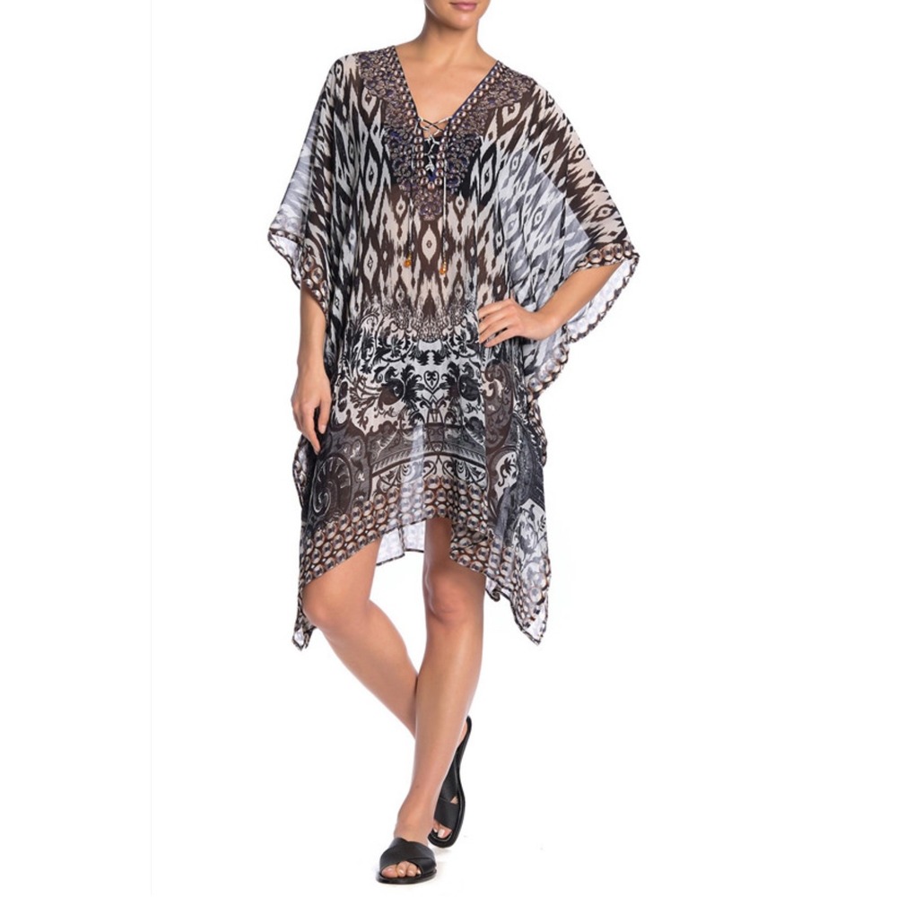Natural Impressions Caftan One Size Black White Style‎ AB196 Coverup NWT